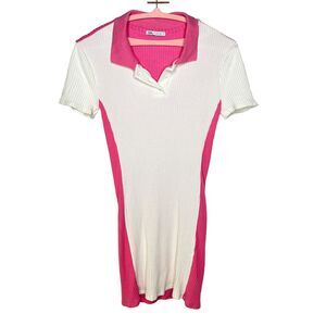 ZARA Polo Contrasting Ribbed Dress Pink & White Sz. L
